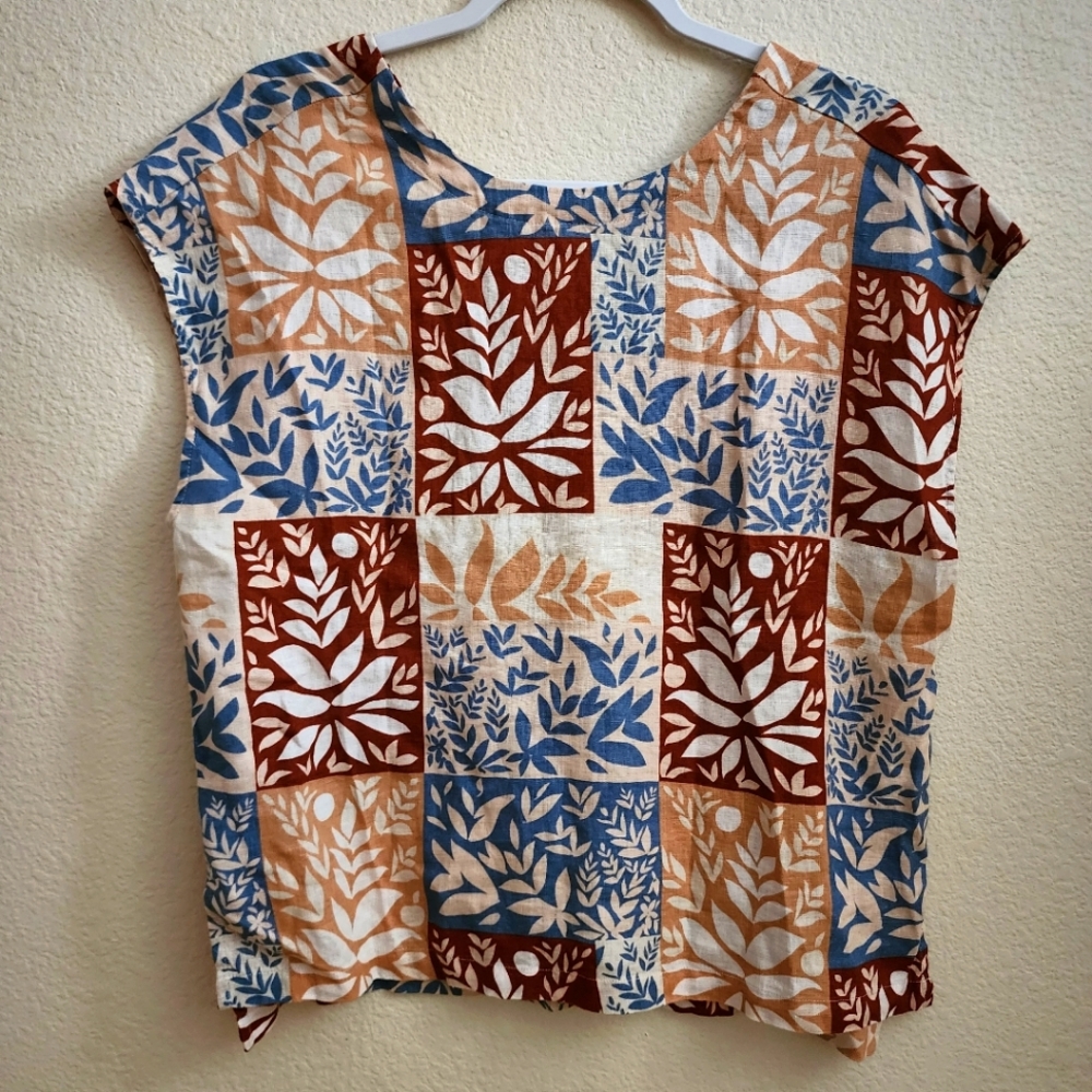 Sigrid Olsen 100% Linen Top patchwork leaf block print NwoT Size Medium